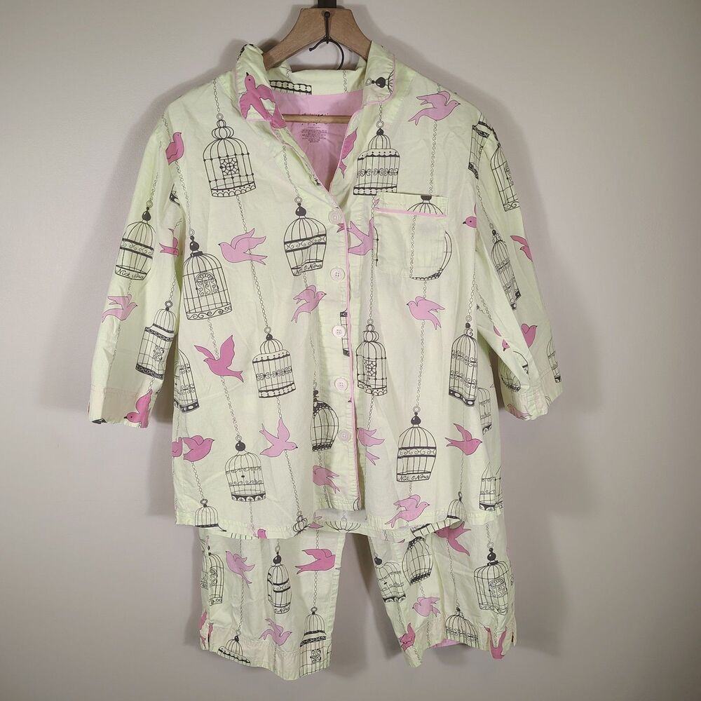 Nick & Nora Women's XL Green Pink Pajamas Birdcage Birds